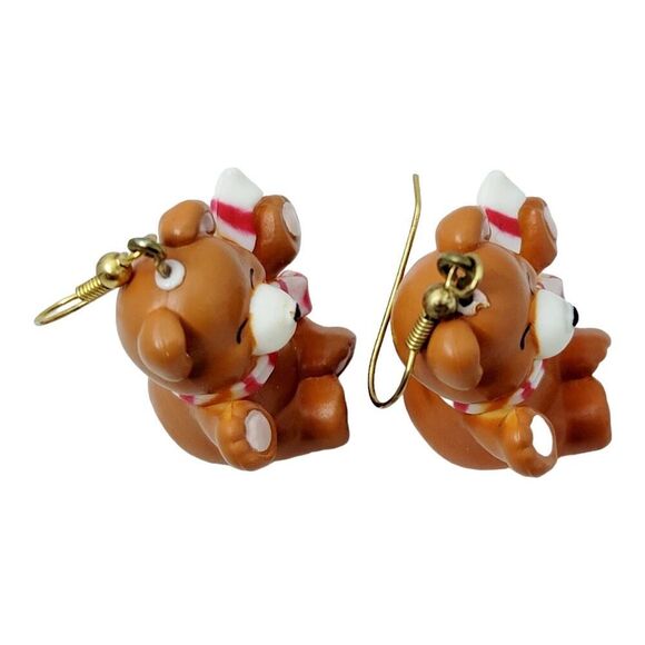 Vintage Small Resin Teddy Bear Earrings Wearing Candy Cane Scarf Christmas - Picture 5 of 6